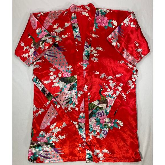 Red Satin Floral Peacock Kimono Robe 37” Long OS Belted Lightweight - Picture 3 of 7